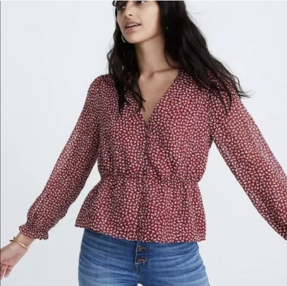 MADEWELL "Overture" Top in Ditsy Flowers with Peplum Style Waist & Ruffle Cuffs